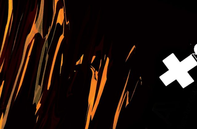 This illustration shows a black background with a white outine of the Psyche spacecraft and slashes of yellow, red, and orange.