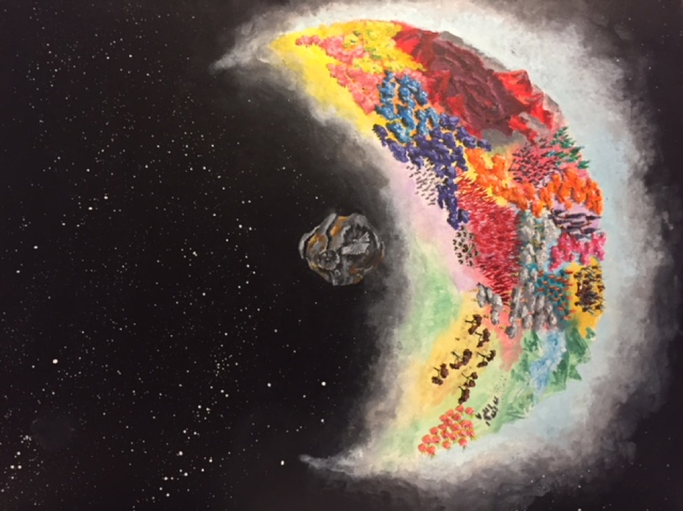 Psyche is in the center of the image and it is being engulfed by a colorful world of possibilities if it had became a planet.