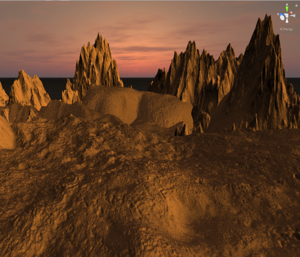 This image shows a rendered version of the surface of Mars as if you are standing on it, with craggy mountains in the distance.