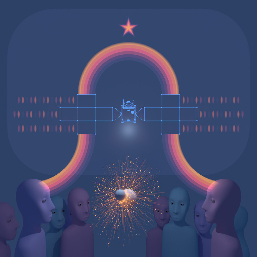 This image shows two glowing arcs flowing from a crowd into the Psyche spacecraft.