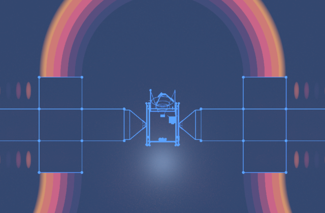 This image shows two glowing arcs flowing from a crowd into the Psyche spacecraft.