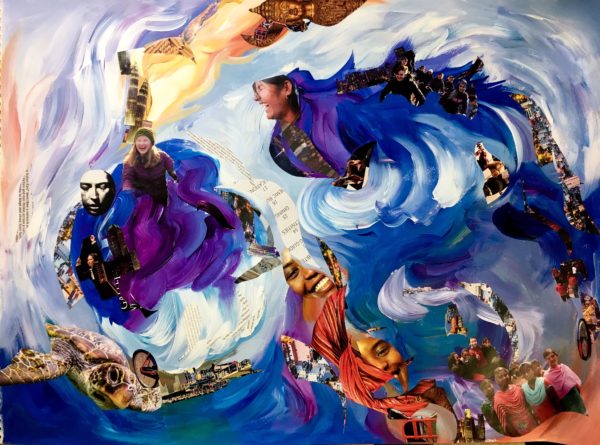 This piece is composed of a swirling blue, purple, yellow, and white background with sweeping wide brushstrokes. Interspersed throughout the artwork are cutouts of magazine pages showcasing happiness on people’s and animals’ faces as well as snippets of cities and machines -- human creations. The entire work mimics the surface of the Psyche asteroid, with its crevices and its streaks of gold running along the top. The collage elements are cut in wave shapes to blend in with the direction of the brushstrokes.