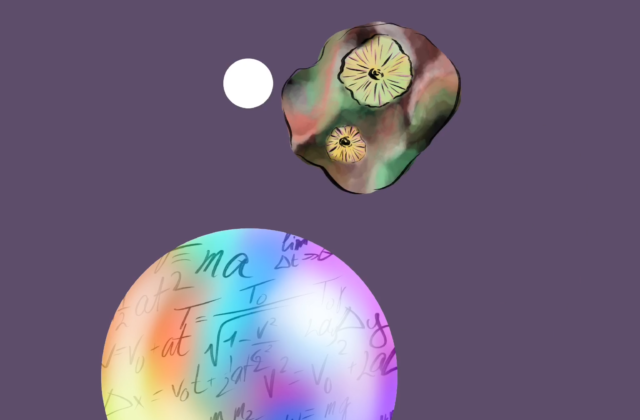 This piece depicts side-by-side copies of the same image in different colors. In each image, the Psyche spacecraft orbits the Psyche asteroid. Around the asteroid are three spheres with formulas written inside. Each image has a space circle background atop a square of matte color. The top left square is yellow, and the top right square is blue. The bottom left square is green, and the bottom right square is pink.