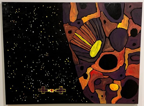 This piece shows the Psyche spacecraft approaching the asteroid. The rough, unknown surface of Psyche is shown by coarse brush strokes and gaps on the surface, suggesting gaps in knowledge. Unlikely colors are on the asteroid, emphasizing Psyche’s foreign nature. A face appears on the surface of the asteroid. Psyche is surprised to have a visitor. Surrounded by stars, the spacecraft is on the left side of the piece.
