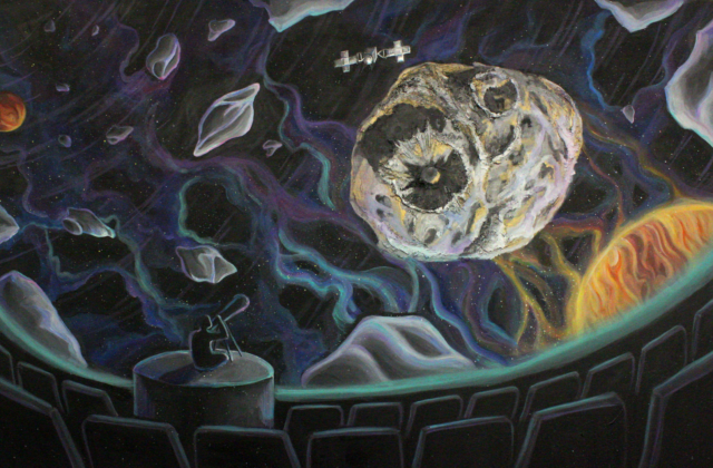 A figure sits on top of a podium looking at the Psyche asteroid through a telescope. The planetarium is showing a detailed view of Psyche with other asteroids. While Mars is in the distance, Jupiter is up close next to Psyche. Psyche has two giant craters carved out of the panel. They are reflecting the colors of the galaxy, along with metallic silver and bronze. The spacecraft is orbiting next to it.