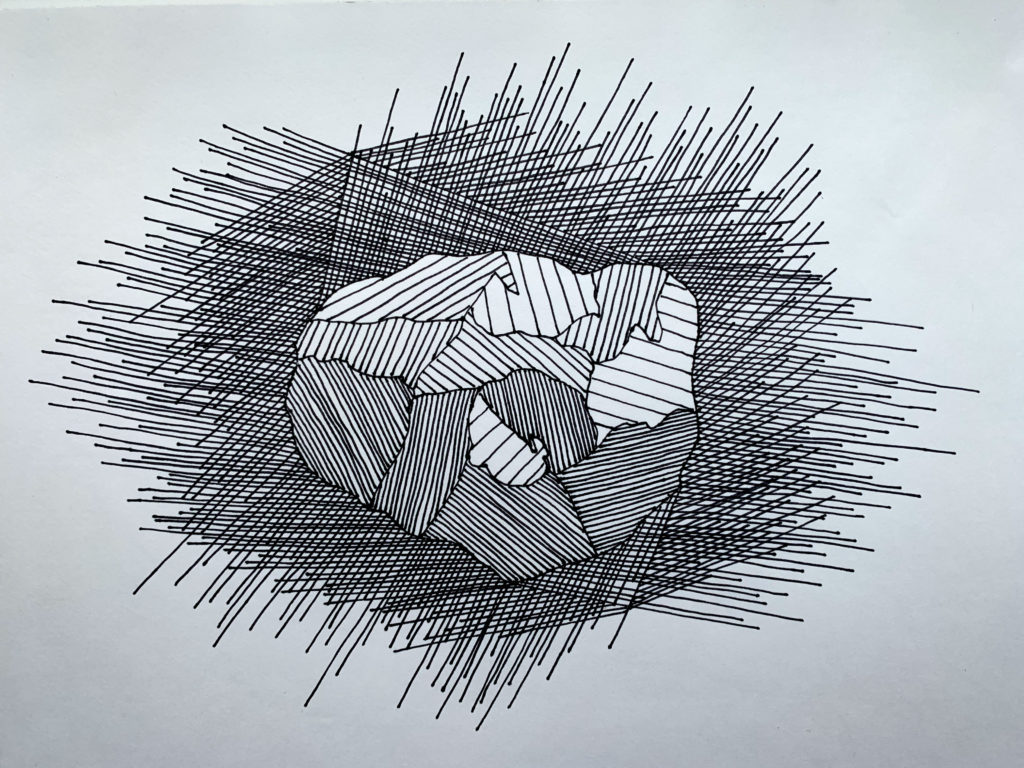 This piece is a simple representation of Psyche with an emphasis on rays of light surrounding the asteroid. The rays extending out from Psyche represent the many different angles from which the asteroid will be observed and analyzed. Lines from varoious angles are drawn to show the Psyche asteroid in all its glory.