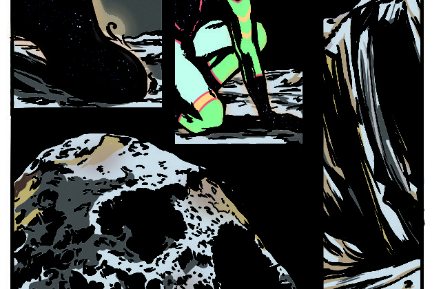An ethereal, blue, humanoid space voyager lands on the pocked surface of the asteroid Psyche. He is rising to his feet and looking at his surroundings. Text: What you land on is not rock, but metal. The camera pans outward, and he is dwarfed by the slopes of Psyche's craters. The landscape is desolate. Text: cold, hard, empty. The final panel shows Psyche's ravaged surface in its entirety. Text: What happened?