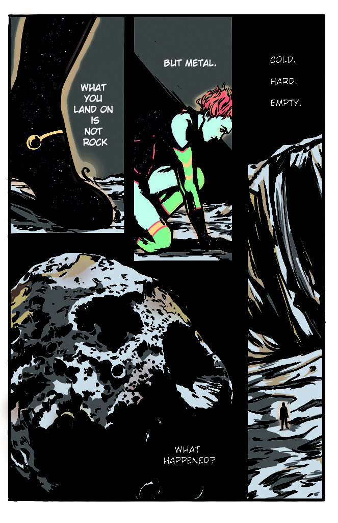 An ethereal, blue, humanoid space voyager lands on the pocked surface of the asteroid Psyche. He is rising to his feet and looking at his surroundings. Text: What you land on is not rock, but metal. The camera pans outward, and he is dwarfed by the slopes of Psyche's craters. The landscape is desolate. Text: cold, hard, empty. The final panel shows Psyche's ravaged surface in its entirety. Text: What happened?