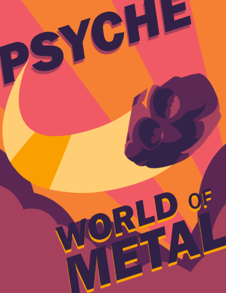 My poster is composed of yellows, oranges, pinks, and purples, which are the colors on the Psyche logo. It features an asteroid zooming towards the reader, leaving a bright yellow trail behind it. The background is composed of pink and orange stripes to create a graphic effect. Purple dust clouds border the bottom of the poster.