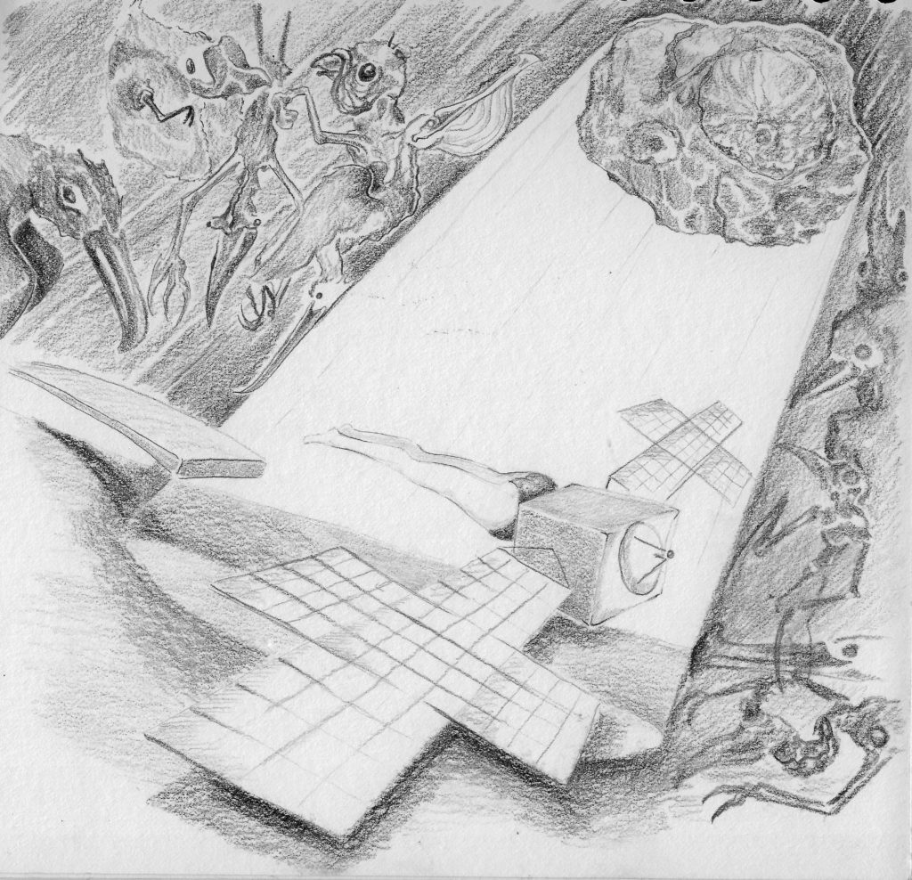 A greyscale rendering of Psyche the asteroid is depicted with human legs, diving off a diving board into a spotlight provided by the Psyche asteroid. In the darkness around this light, dark creatures of the night lurk.