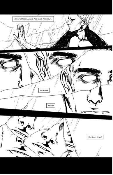 He sees his cracked reflection in Psyche's metallic surface.
