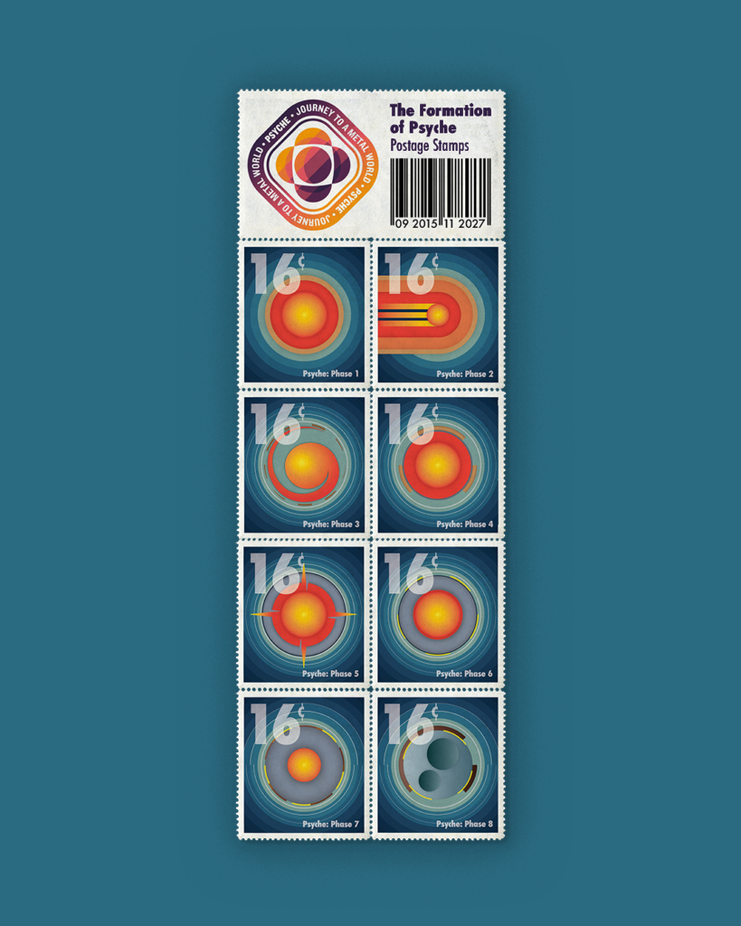 "In a retro, but futuristic aesthetic, eight stamps depict the formation of the Psyche asteroid after a hypothesized collision stripped it of its outer mantle and crust, leaving behind a metallic core. Simple line strokes and geometric shapes form the different Psyche phases in a bold primary color palette to bring the design to life. The postage stamps are combined together to create a Book of Stamps, with a tag attached at the top with Psyche’s Logo, name of the stamp collection “The Formation of Psyche”, and a barcode. The numbers on the bar code illustrate the start and end dates of this flight mission by month and year. "