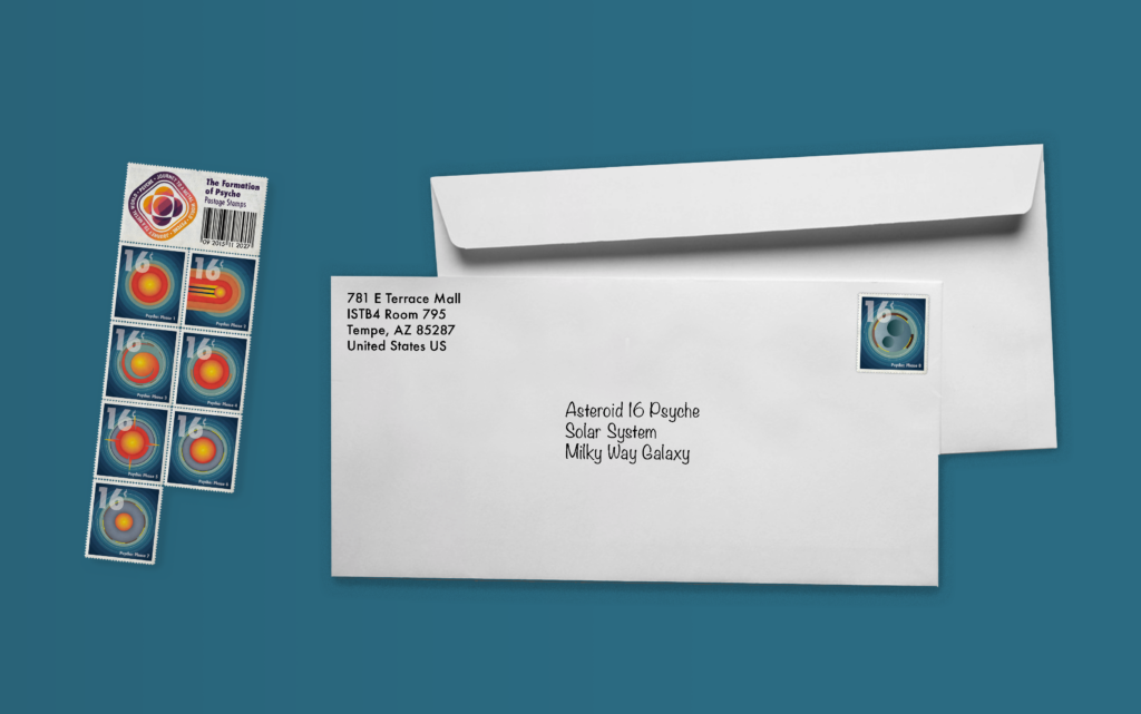 "In a retro, but futuristic aesthetic, eight stamps depict the formation of the Psyche asteroid after a hypothesized collision stripped it of its outer mantle and crust, leaving behind a metallic core. Simple line strokes and geometric shapes form the different Psyche phases in a bold primary color palette to bring the design to life. The postage stamps are combined together to create a Book of Stamps, with a tag attached at the top with Psyche’s Logo, name of the stamp collection “The Formation of Psyche”, and a barcode. The numbers on the bar code illustrate the start and end dates of this flight mission by month and year. "