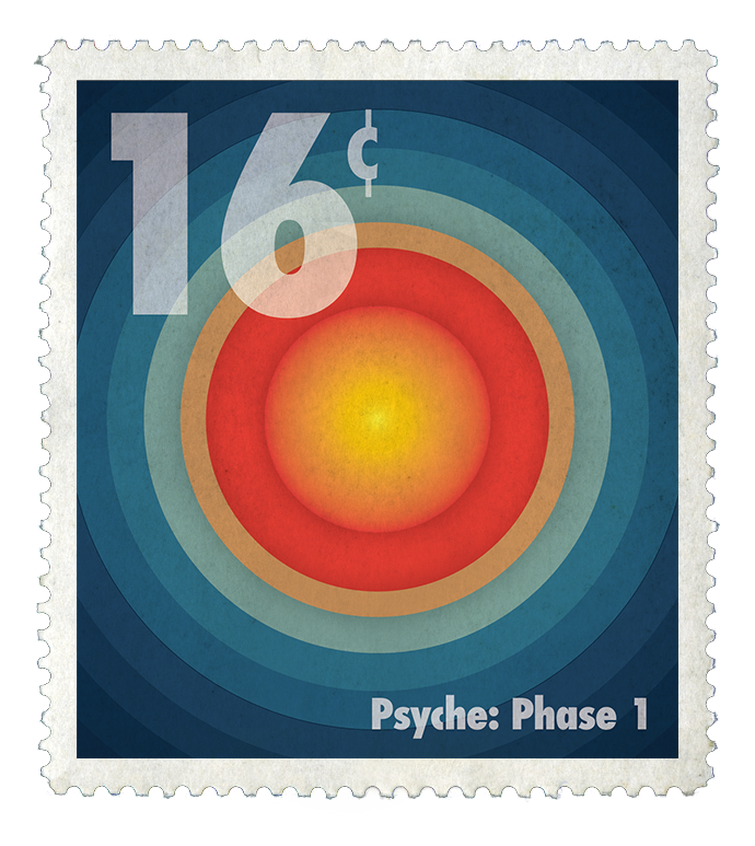 "In a retro, but futuristic aesthetic, eight stamps depict the formation of the Psyche asteroid after a hypothesized collision stripped it of its outer mantle and crust, leaving behind a metallic core. Simple line strokes and geometric shapes form the different Psyche phases in a bold primary color palette to bring the design to life. The postage stamps are combined together to create a Book of Stamps, with a tag attached at the top with Psyche’s Logo, name of the stamp collection “The Formation of Psyche”, and a barcode. The numbers on the bar code illustrate the start and end dates of this flight mission by month and year. "