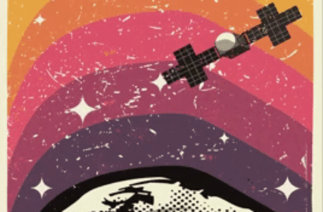 The poster has a large degree of texture, making it feel worn and aged. The colors are that of the Psyche mission itself, beginning at the cool and dark tones of purple and radiating out of the asteroid into a bright and warm yellow. Nearby, a spacecraft hovers in orbit of the asteroid. The asteroid is in the bottom half of the poster with the words "Psyche: A metal world" written on top of it. Stars twinkle in the space shown.