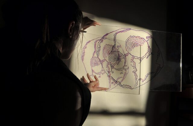 This piece is 24 inches by 13.5 inches. Red and black ink marks on 0.25 inch plexiglass were utilized to create lines that outline the shape of Psyche. There are two major craters and a series of rifts on the surface that appear pockmarked with small craters. As light shines through the plexiglass, red and blue shadows in the shape of Psyche are cast onto a white background.