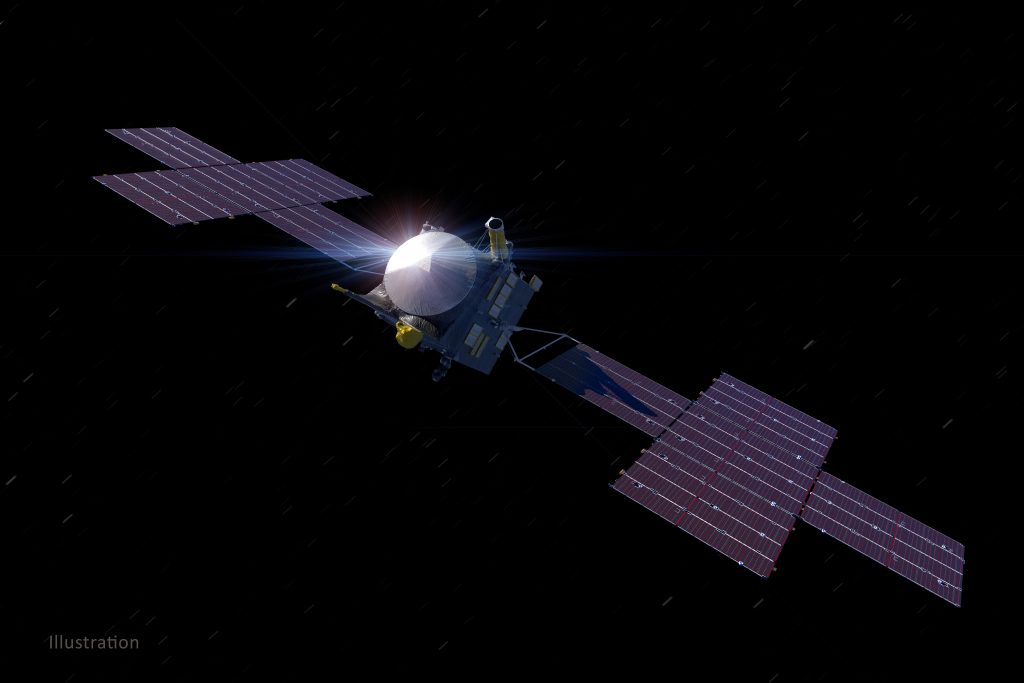 An illustration, created in March 2021, of NASA’s Psyche spacecraft, which is targeted to launch to the main asteroid belt in August 2022 to investigate the metal-rich asteroid Psyche.