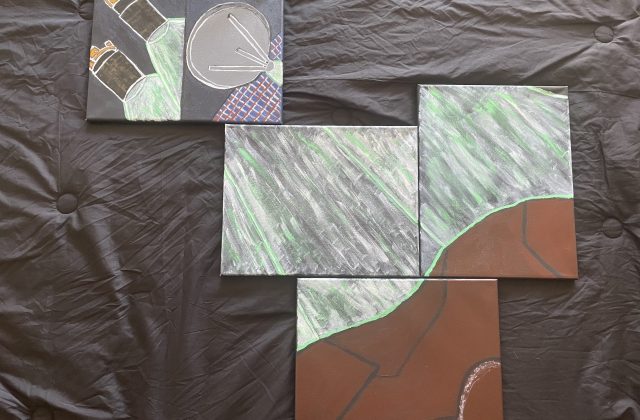 An abstract, split image painting is of the Psyche spacecraft’s multispectral imager and X-band high gain antenna in space collecting data from the Psyche asteroid.