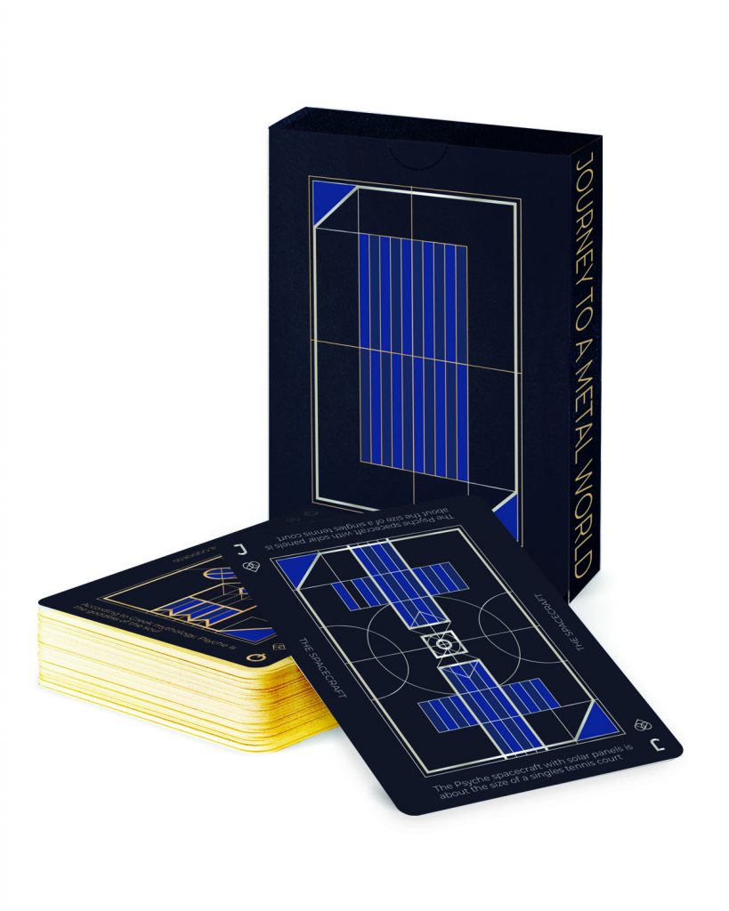 This deck of cards is designed to emulate the theorized texture and color of the asteroid. The card background is a navy blue, and the supporting design elements are gold, silver, royal blue, and dark blue. The diamond and heart suits are silver, whereas the club and spade cards are gold. Each design element follows an art deco aesthetic and consists of outlined geometric shapes and sharp edges with thick and thin lines that are gold or silver. Fun facts are found at the top and bottom of the cards with dates and titles found on the sides.
