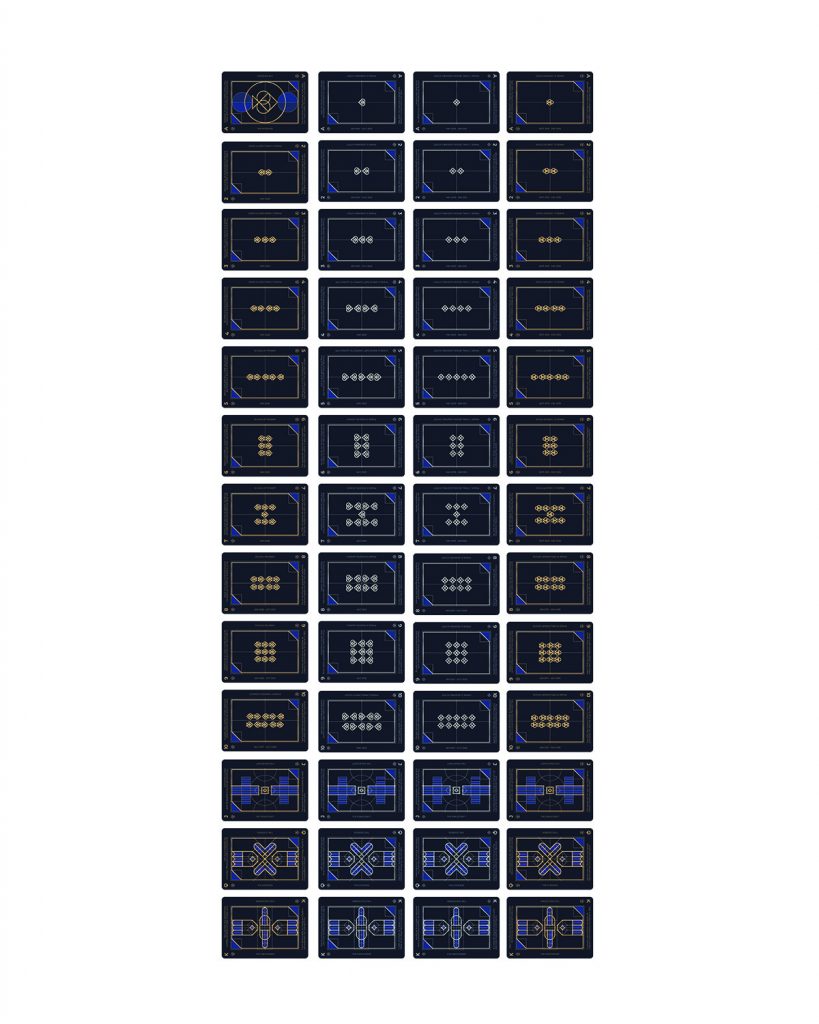 This deck of cards is designed to emulate the theorized texture and color of the asteroid. The card background is a navy blue, and the supporting design elements are gold, silver, royal blue, and dark blue. The diamond and heart suits are silver, whereas the club and spade cards are gold. Each design element follows an art deco aesthetic and consists of outlined geometric shapes and sharp edges with thick and thin lines that are gold or silver. Fun facts are found at the top and bottom of the cards with dates and titles found on the sides.