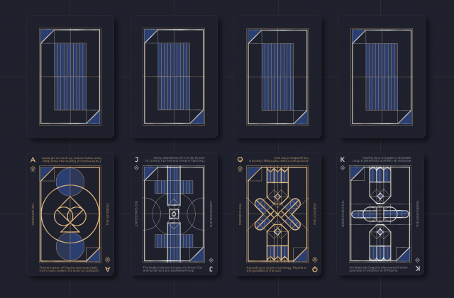 This deck of cards is designed to emulate the theorized texture and color of the asteroid. The card background is a navy blue, and the supporting design elements are gold, silver, royal blue, and dark blue. The diamond and heart suits are silver, whereas the club and spade cards are gold. Each design element follows an art deco aesthetic and consists of outlined geometric shapes and sharp edges with thick and thin lines that are gold or silver. Fun facts are found at the top and bottom of the cards with dates and titles found on the sides.