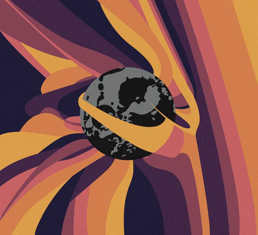 Purple, yellow, orange, and pink lines are drawn around the Psyche asteroid, which is conveyed by a sphere in the middle of the piece. The Psyche asteroid is black and grey, with details of craters and shadows.