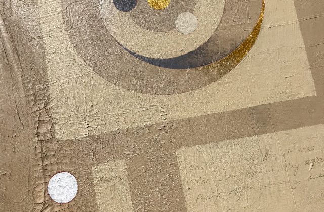 A tan 36'' x 36'' painting with a sheet of brass and aluminum. In the left hand top corner, details of the Psyche asteroid are written underneath the brass sheet. On the top right corner is a sheet of aluminum, and beneath it is a slab of dark grey sand. These elements represent the possible make-up of the Psyche asteroid. In the left hand bottom corner is a diagram of the trajectory of the Psyche mission launch . On the bottom of the image is a 16 Psyche symbol, which consists of a half circle dome with a star on top.
