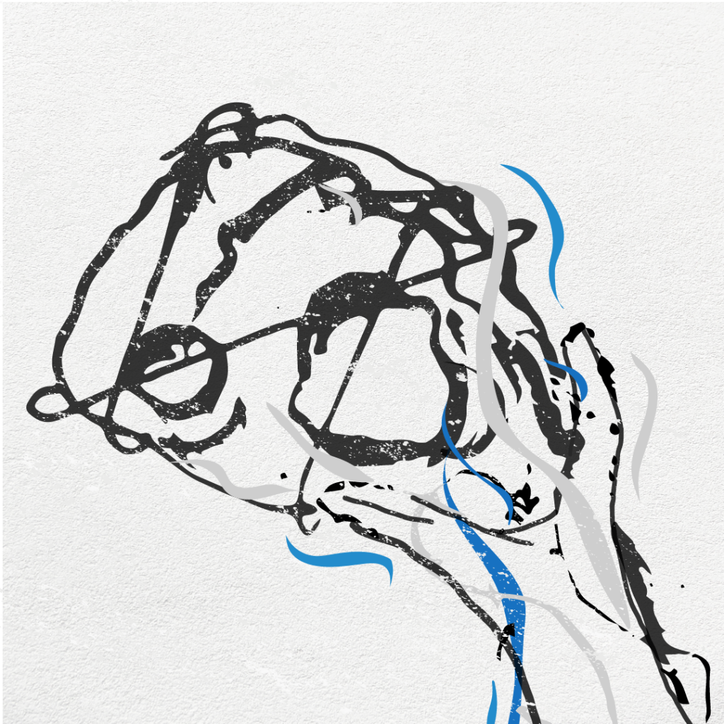 3 artworks depicting Psyche’s hypothesized creation, our ideation, and the launch of the Psyche spacecraft. The first is an abstracted version of Psyche in its creation: flames and fragments appear as it may have looked like when Psyche formed. The second is a hand reaching and wrapping around the asteroid, with strands wrapping around the hand and the asteroid together. The third shows a spacecraft coming from Earth towards Psyche.