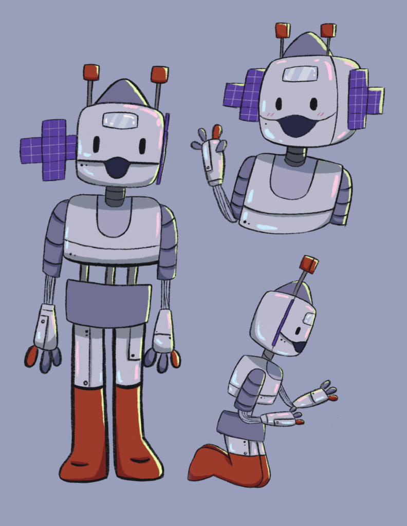 A cartoon re-imagining of the Psyche spacecraft.