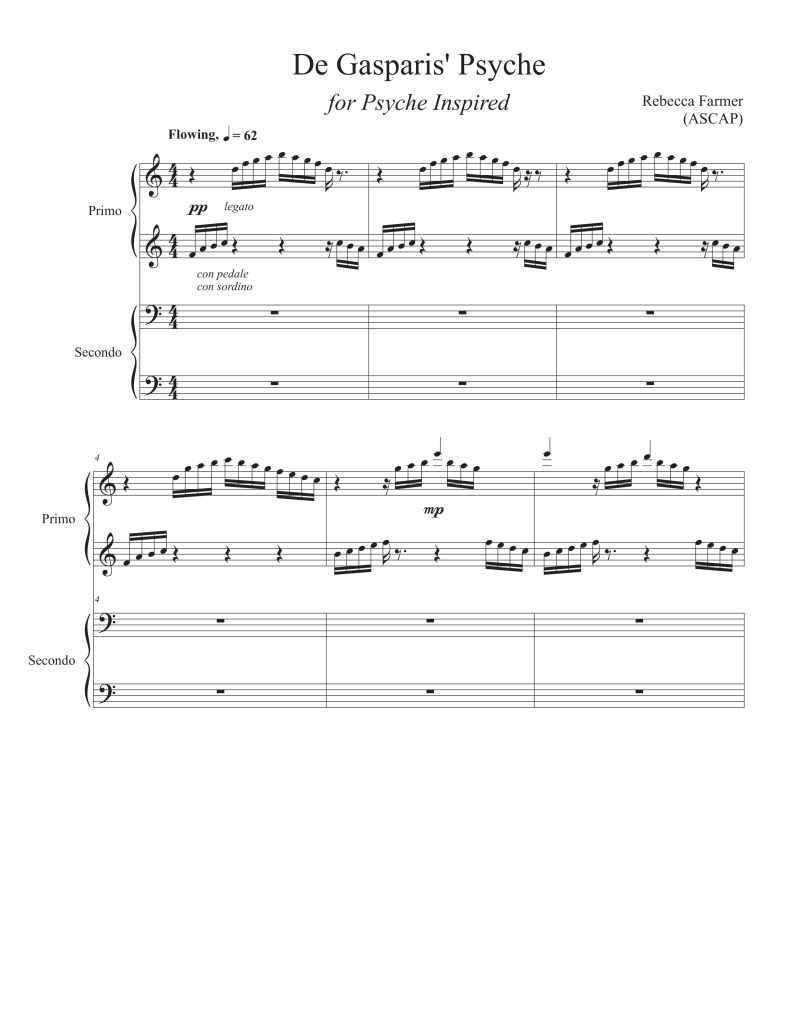 This image features the cover page of a musical score for a piano duet. Composer: Rebecca Farmer, Title: De Gasparis' Psyche, Published: 2024 by Rocky Ptarmigan Publishing, Affiliations: Psyche Inspired and ASCAP.