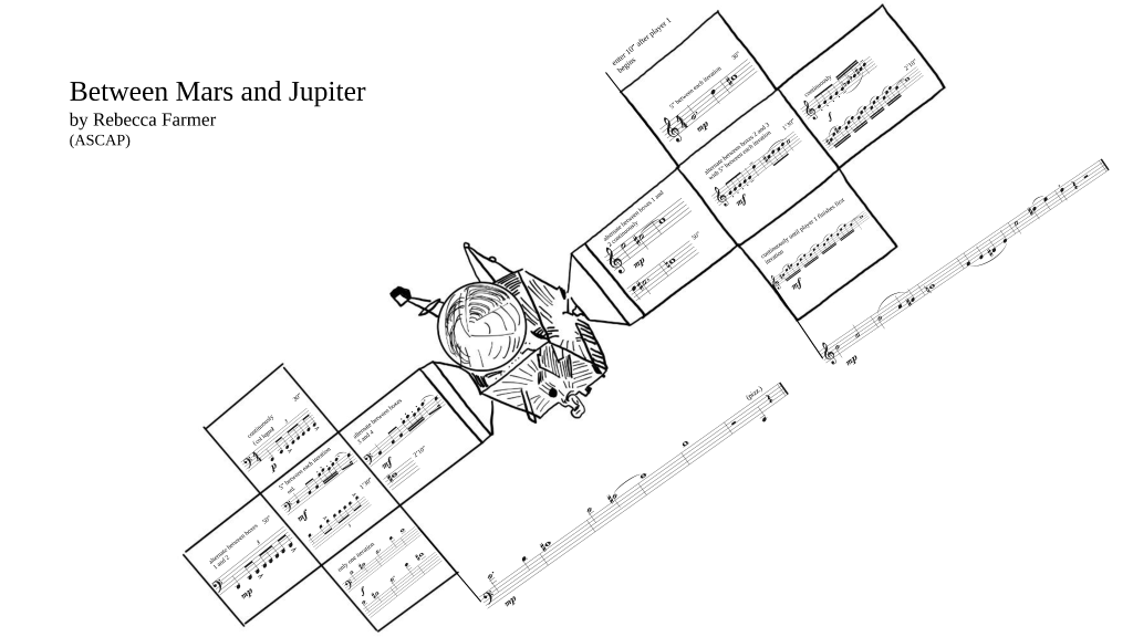This image illustrates the satellite launched towards the Psyche asteroid. The piece is titled 'Between Mars and Jupiter', featuring a central body with extending solar panels. The panels display musical notations with text instructions.