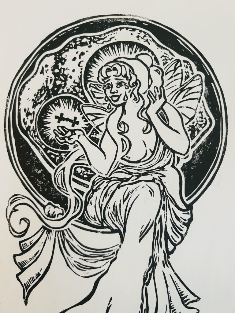 A black-and-white printed illustration of Psyche, portrayed as a giant woman holding a tiny, floating spacecraft in her hand. She sits in front of an asteroid floating in a circular black void, with its two large craters framing her head and the spacecraft. Psyche is dressed in ancient Greek-inspired robes with insect-like wings and long hair. She is crying and smiling at the little spacecraft.
