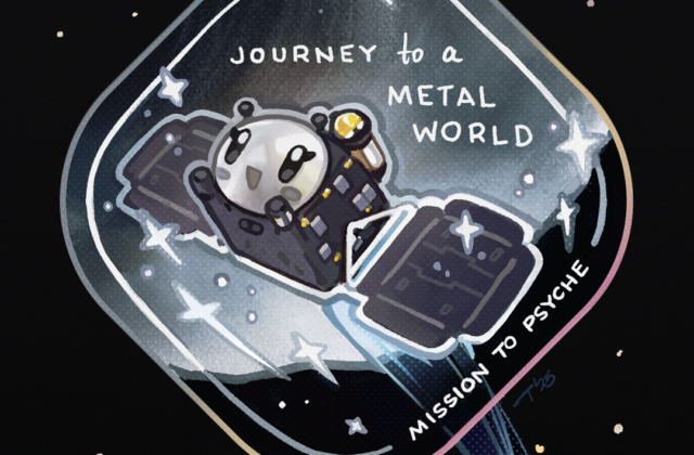 A rounded patch design featuring a cute, mini cartoon version of the spacecraft. The spacecraft has a bright silver circular face with expressive eyes, solar panels as its wings, and instrument booms as arms. Set against the asteroid and a starry dark background, with text reading 'JOURNEY to a METAL WORLD' and 'MISSION TO PSYCHE' along the edge. A blue thruster trail flows behind the spacecraft.