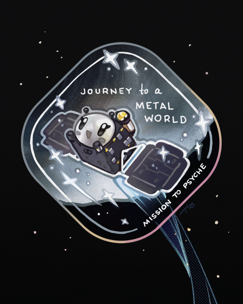 A rounded patch design featuring a cute, mini cartoon version of the spacecraft. The spacecraft has a bright silver circular face with expressive eyes, solar panels as its wings, and instrument booms as arms. Set against the asteroid and a starry dark background, with text reading 'JOURNEY to a METAL WORLD' and 'MISSION TO PSYCHE' along the edge. A blue thruster trail flows behind the spacecraft.
