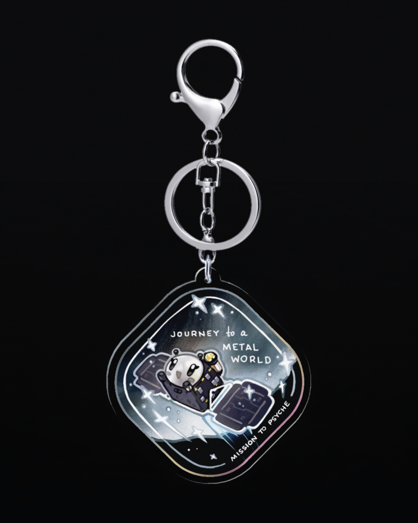A rounded patch design featuring a cute, mini cartoon version of the spacecraft. The spacecraft has a bright silver circular face with expressive eyes, solar panels as its wings, and instrument booms as arms. Set against the asteroid and a starry dark background, with text reading 'JOURNEY to a METAL WORLD' and 'MISSION TO PSYCHE' along the edge. A blue thruster trail flows behind the spacecraft.