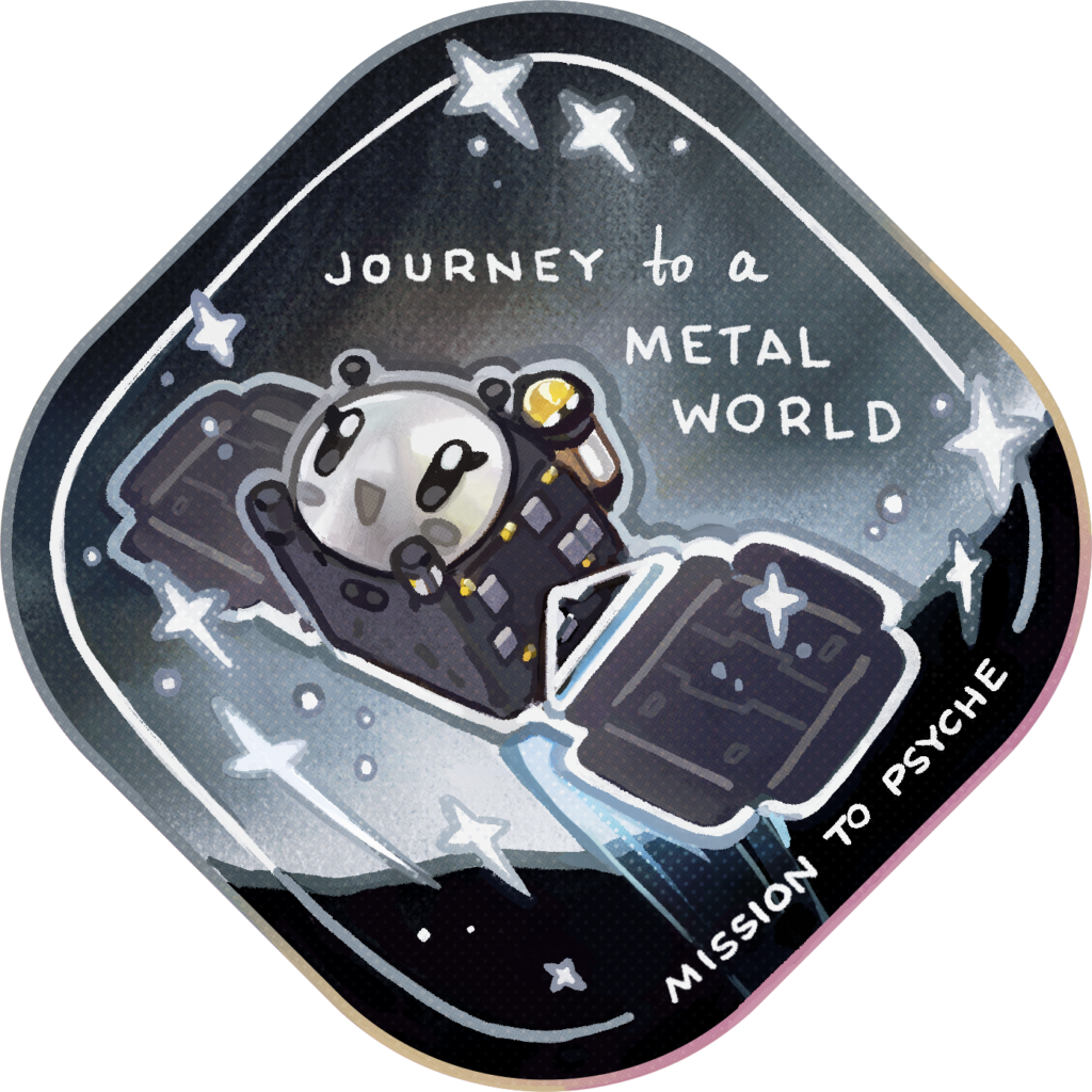 A rounded patch design featuring a cute, mini cartoon version of the spacecraft. The spacecraft has a bright silver circular face with expressive eyes, solar panels as its wings, and instrument booms as arms. Set against the asteroid and a starry dark background, with text reading 'JOURNEY to a METAL WORLD' and 'MISSION TO PSYCHE' along the edge. A blue thruster trail flows behind the spacecraft.