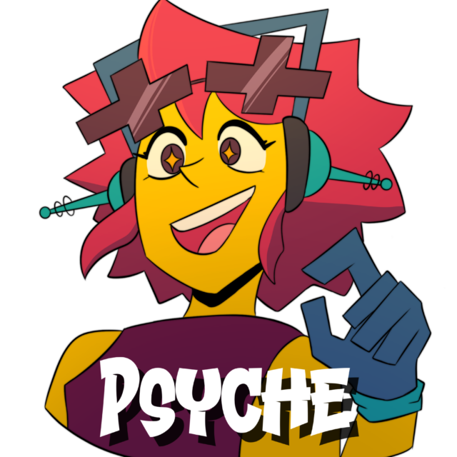Sticker one: “Metal to the Core” text with Psyche character playing an electric guitar with magnetic waves radiating off her. Sticker two: “Psyched out of your Mind” text half the Psyche character head as the asteroid with a metallic effect Sticker Three: “Get Psyched” text with character being silly with her hands in a picture pose Sticker Four: “Psyched” text with a headshot of the character