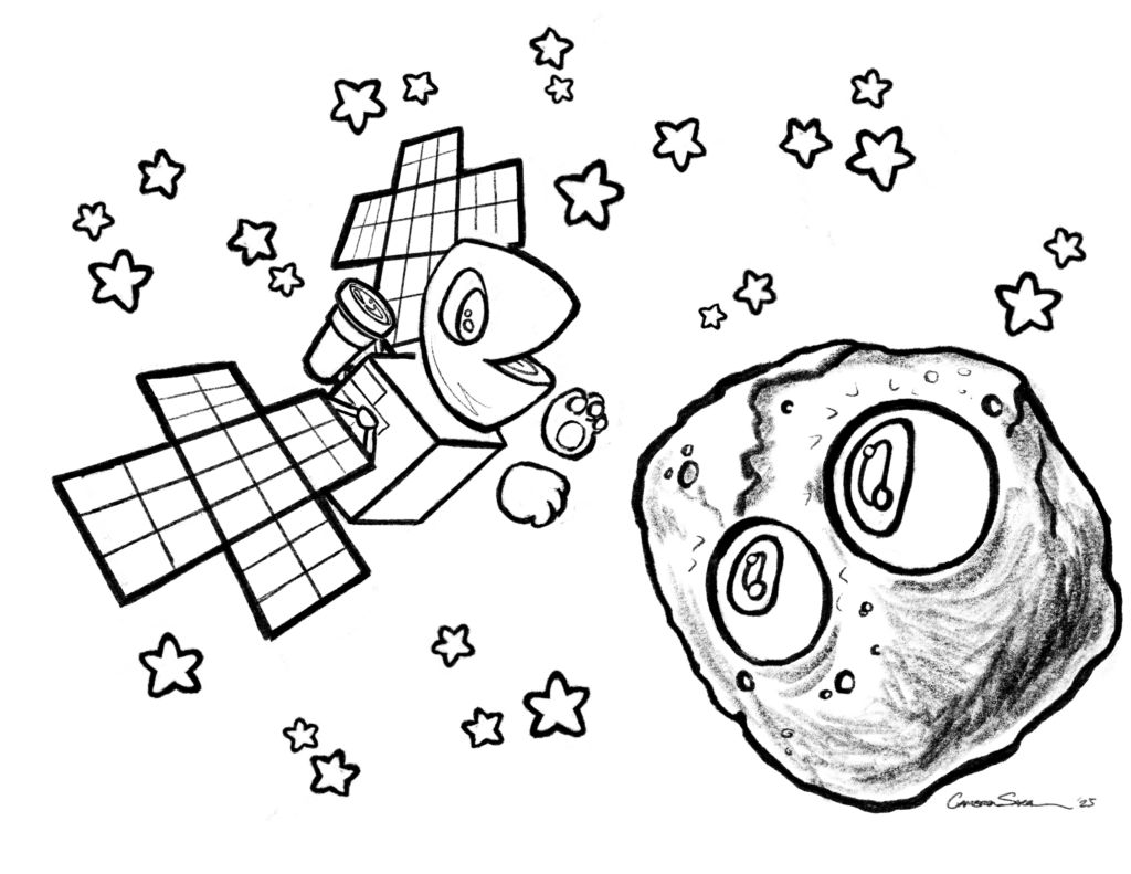 These four mission-themed coloring sheets include digital versions of the “Odyssey” and “Agape” relief prints along with two of Orbie, a character dedicated to the Psyche spacecraft. All four illustrations are black-and-white outlines portraying human versions of the spacecraft and asteroid along with an anthropomorphized version of the spacecraft named Orbie.