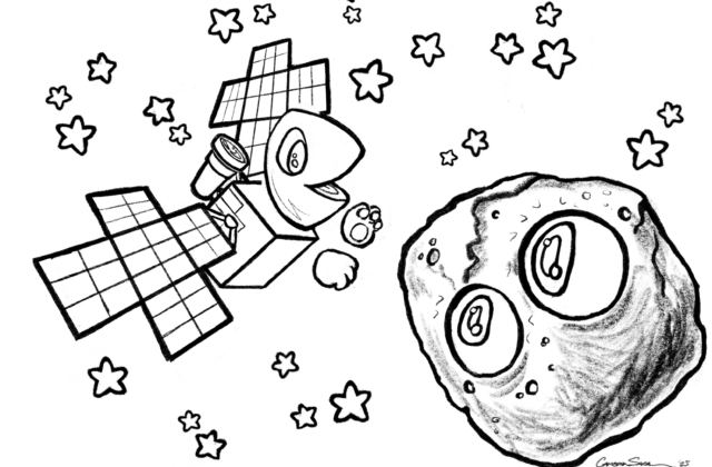 These four mission-themed coloring sheets include digital versions of the “Odyssey” and “Agape” relief prints along with two of Orbie, a character dedicated to the Psyche spacecraft. All four illustrations are black-and-white outlines portraying human versions of the spacecraft and asteroid along with an anthropomorphized version of the spacecraft named Orbie.