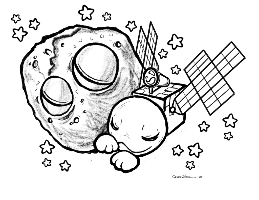 These four mission-themed coloring sheets include digital versions of the “Odyssey” and “Agape” relief prints along with two of Orbie, a character dedicated to the Psyche spacecraft. All four illustrations are black-and-white outlines portraying human versions of the spacecraft and asteroid along with an anthropomorphized version of the spacecraft named Orbie.