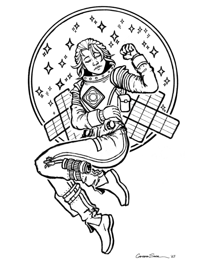 These four mission-themed coloring sheets include digital versions of the “Odyssey” and “Agape” relief prints along with two of Orbie, a character dedicated to the Psyche spacecraft. All four illustrations are black-and-white outlines portraying human versions of the spacecraft and asteroid along with an anthropomorphized version of the spacecraft named Orbie.