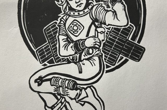 “Odyssey” is the first relief print in a diptych, or two-part series, and is meant to be paired with my third project “Agape”. This is a black handmade print on white paper portraying the spacecraft as a sleeping astronaut flying through a large, dark patch of space as she makes the long and lonely journey towards 16 Psyche.