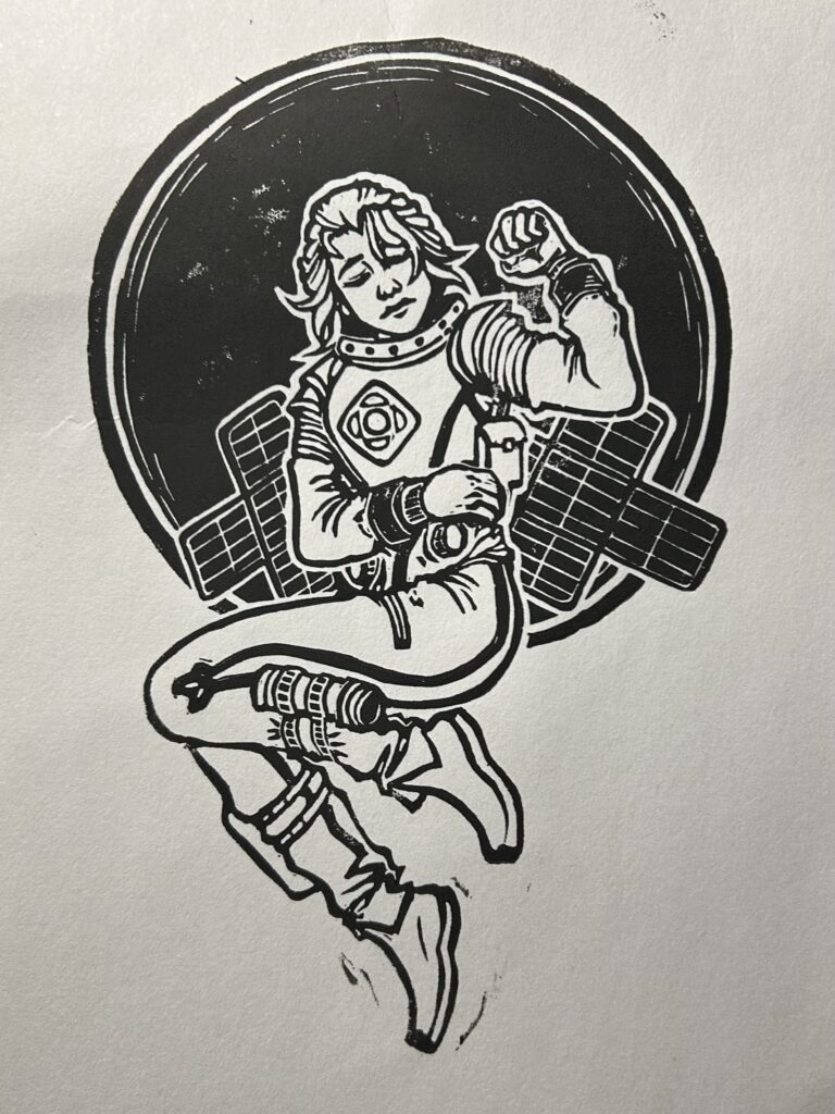 “Odyssey” is the first relief print in a diptych, or two-part series, and is meant to be paired with my third project “Agape”. This is a black handmade print on white paper portraying the spacecraft as a sleeping astronaut flying through a large, dark patch of space as she makes the long and lonely journey towards 16 Psyche.