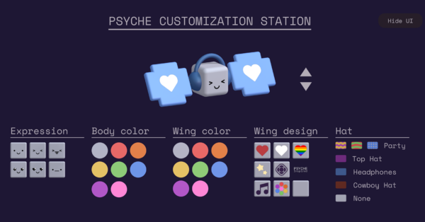 A cute and simple 3D model of the Psyche spacecraft has 6 customizable expressions, 8 rainbow wing and body colors, 9 wing patterns (such as hearts, stars, and the Psyche logo), and 7 hat options (such as party and cowboy hats). There are literally thousands of possible combinations of unique avatars that can be made. The UI can be toggled to allow users to save images of their creations.