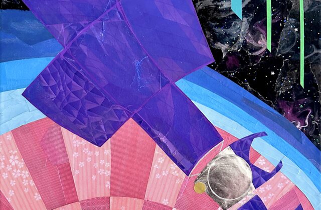 A colorful paper collage made of sharp geometric shapes and smooth curves. The Psyche spacecraft has large purple solar panels stretching diagonally across the canvas. The background features a pattern of pink and orange concentric circles surrounded by black space and glittery stars.