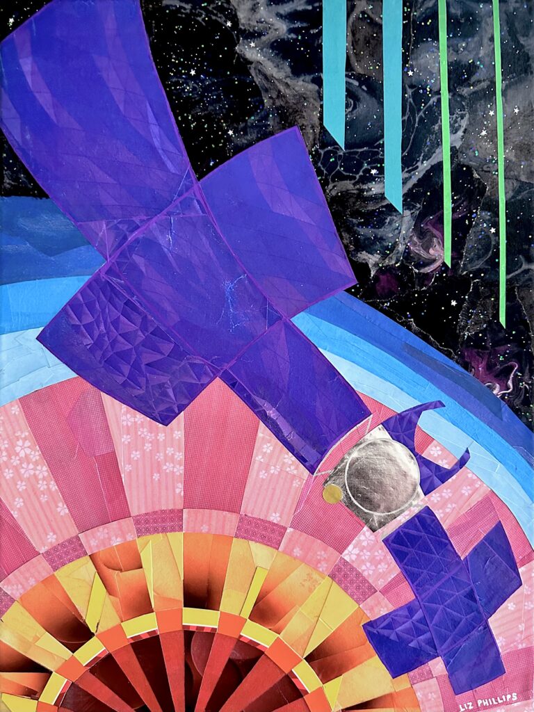 A colorful paper collage made of sharp geometric shapes and smooth curves. The Psyche spacecraft has large purple solar panels stretching diagonally across the canvas. The background features a pattern of pink and orange concentric circles surrounded by black space and glittery stars.
