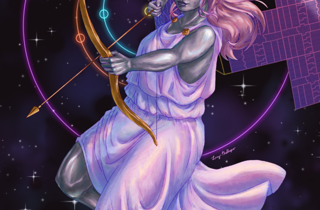 Digital illustration of a woman with metallic silver skin hovering in outer space, shooting a golden bow and arrow. She is wearing an ancient Greek-style robe with iridescent shine. Two large solar panels are attached to her back resembling butterfly wings. Behind her is a colorful diagram of planetary orbits.
