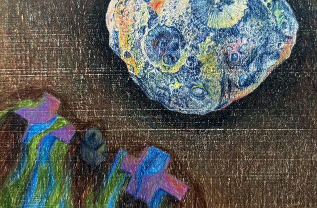 Unearthing Psyche is a colored pencil on a wooden panel, depicting Psyche digging through the inner layers of Earth towards the asteroid at its center. Psyche is shown dragging swirls of blue and green with it as it reaches the asteroid. Psyche 16 asteroid is shown in colorful hues at Earth’s center.