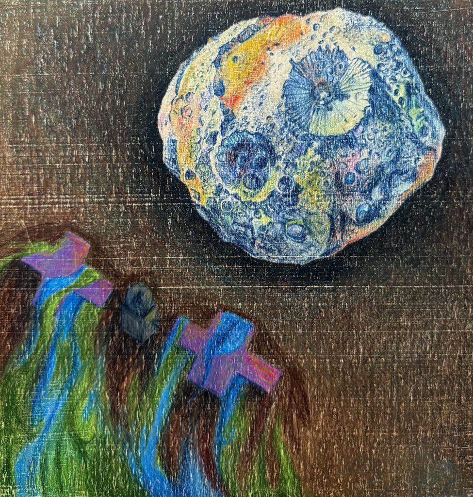 Unearthing Psyche is a colored pencil on a wooden panel, depicting Psyche digging through the inner layers of Earth towards the asteroid at its center. Psyche is shown dragging swirls of blue and green with it as it reaches the asteroid. Psyche 16 asteroid is shown in colorful hues at Earth’s center.