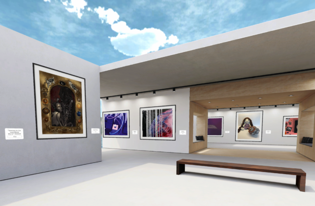 A screenshot of a virtual art gallery showing Psyche Inspired art on the walls.
